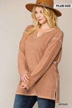 Brown Two-tone Ribbed Tunic Top With Side Slits