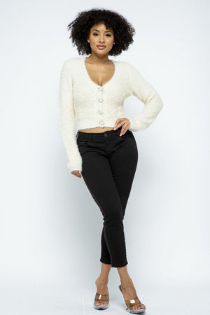 Cream Eyelash Knit Cropped Women's Cardigan With Pearl Button Details