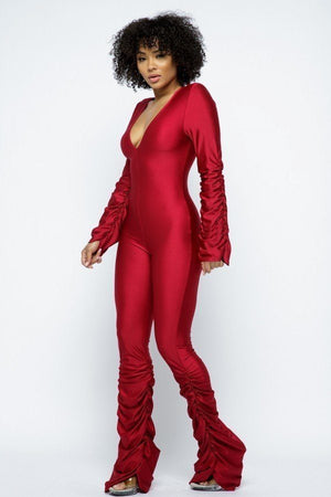Red Yoga Shoulder Padded Ruched Stacked Jumpsuit