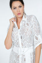 White Belted Hi Low Placket Lace Shirt Dress