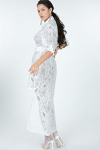 White Belted Hi Low Placket Lace Shirt Dress