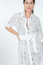 White Belted Hi Low Placket Lace Shirt Dress