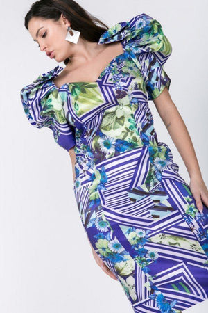 Puff Sleeve Print Bodycon Dress