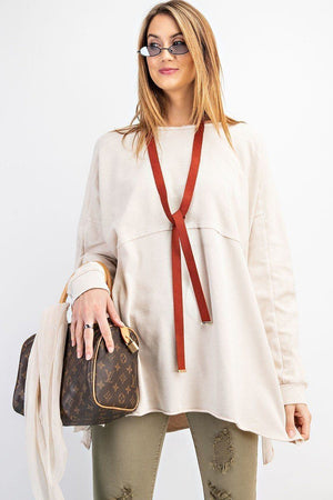 Beige Terry Knit Upside Down Detailing Side Slits Pullover Tunic