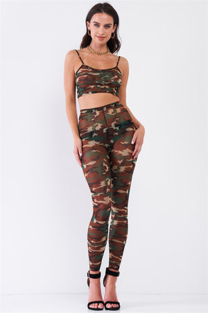 Camouflage Women's Sexy Sheer Mesh Sleeveless Crop Top & High Waist Legging Set
