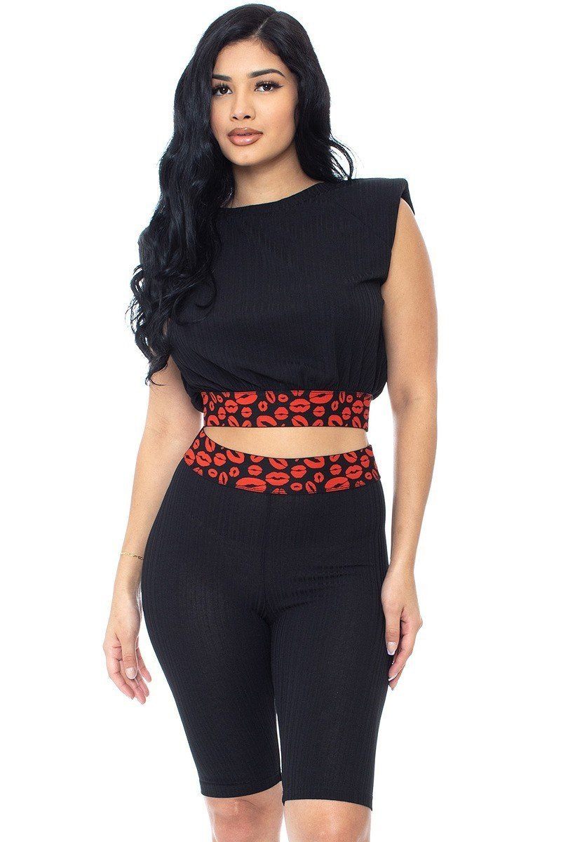 Black Shoulder Pad And Leopard Detailed Biker Women's Shorts