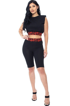 Black Shoulder Pad And Leopard Detailed Biker Women's Shorts