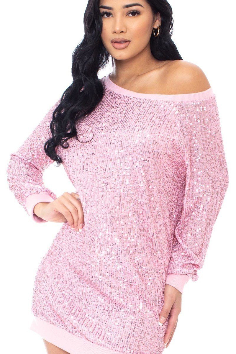 Blush Sequin Wide Neck Boxy Mini Dress