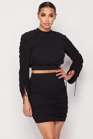Black Ruched Long Sleeve And Women's Skirt Set