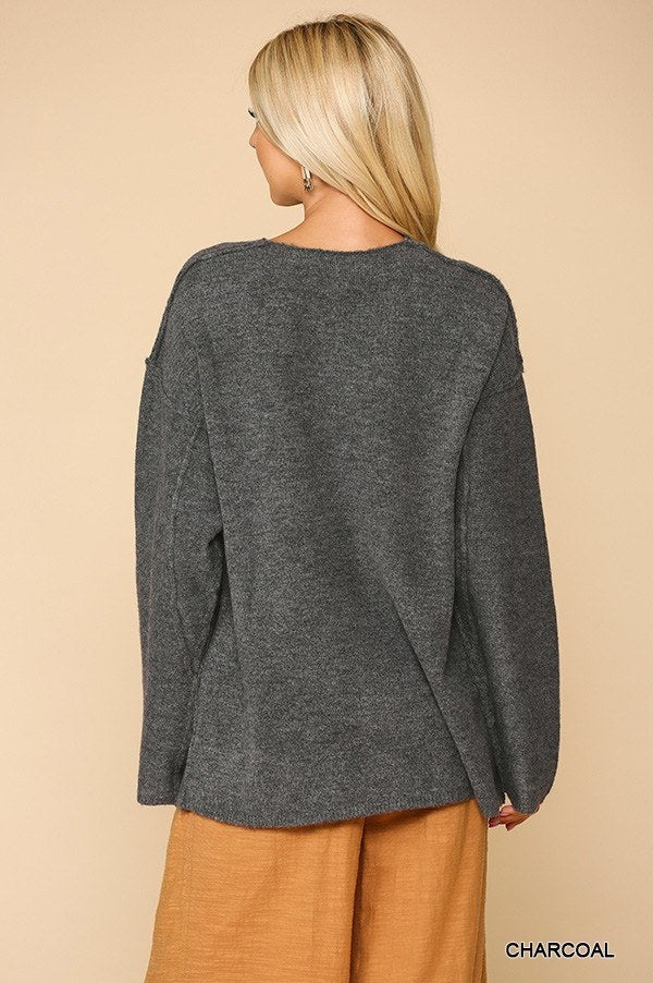 Grey Solid V-neck Soft Sweater Top With Cut Edge
