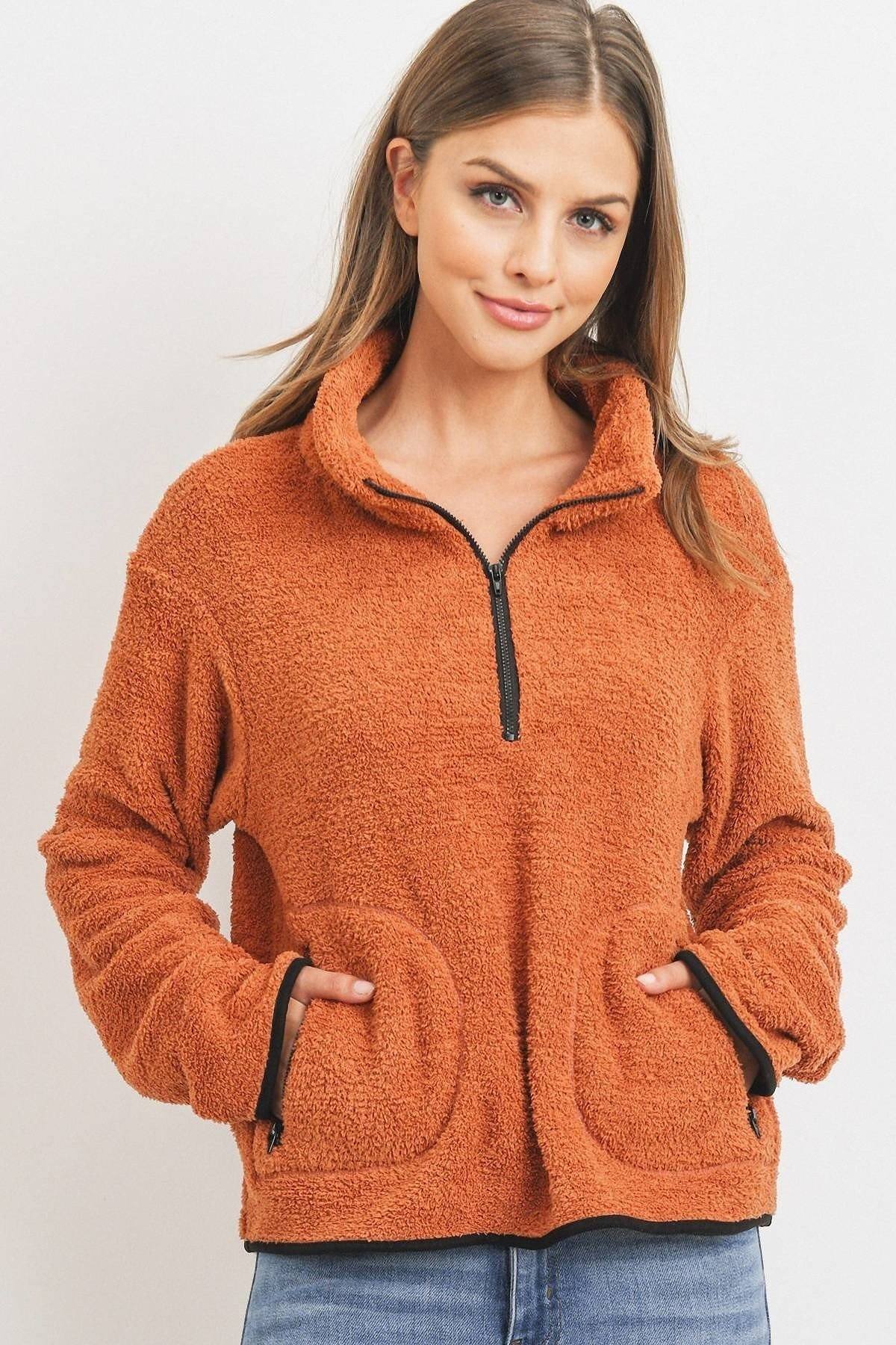 Terracotta Long Sleeve Half Zipper Pullover Loopie Terry