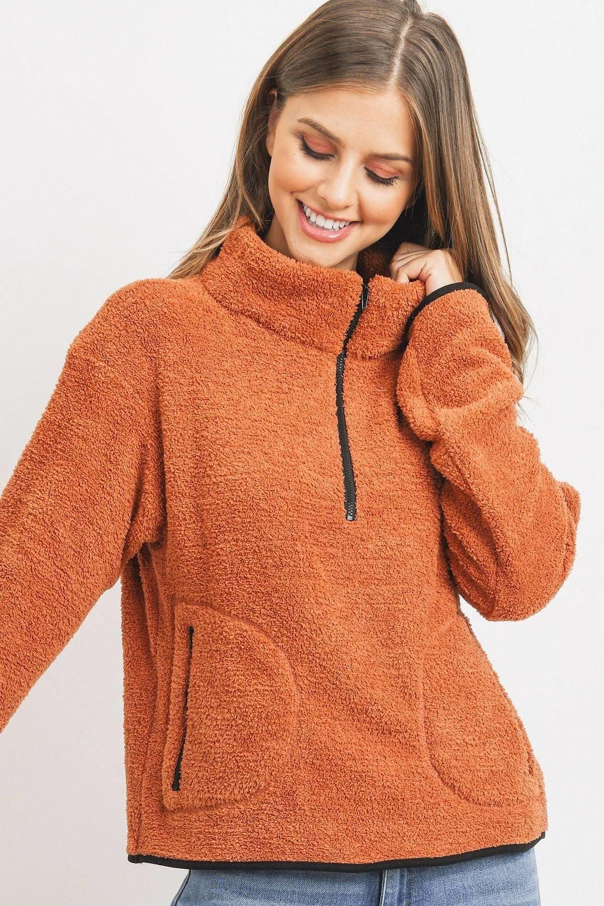 Terracotta Long Sleeve Half Zipper Pullover Loopie Terry