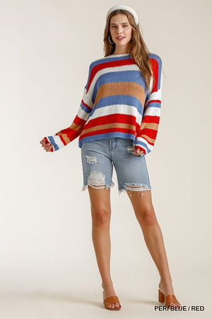 Blue Stripe Round Neck Long Sleeve Knit Sweater