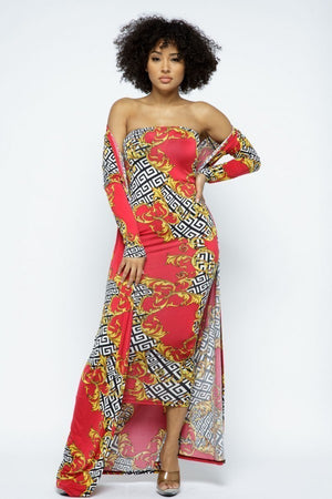 Red Venechia Print Tube Dress With Cardigan Set