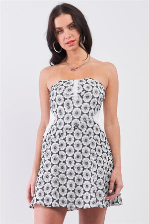 White & Black Floral Crochet Sleeveless & Strapless Smock Back Detail Mini Dress