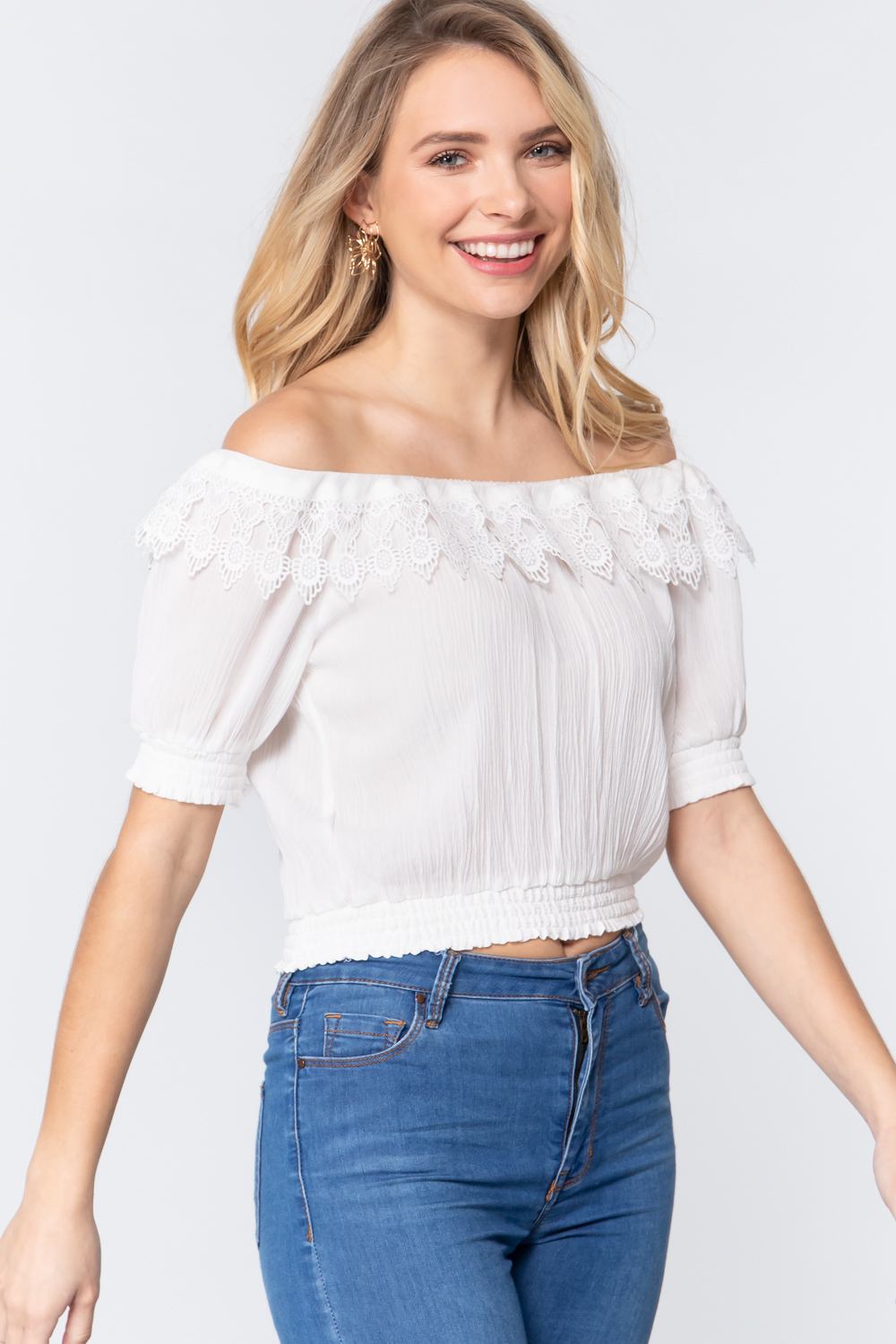 Off White Off Shoulder Lace Detailed Top