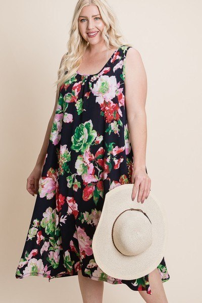 Navy Green Plus Size Floral Bulgari Printed Tank Midi Dress With Asymmetrical Hem