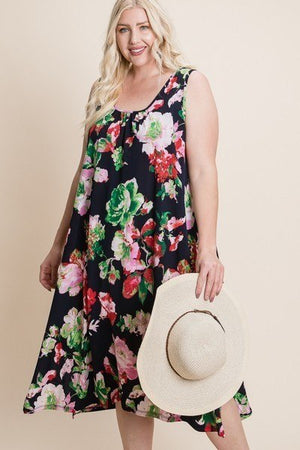 Navy Green Plus Size Floral Bulgari Printed Tank Midi Dress With Asymmetrical Hem