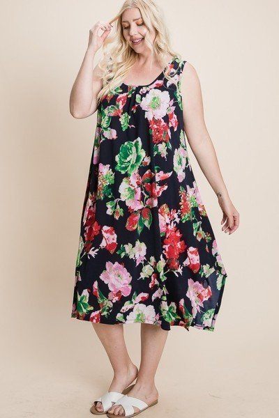 Navy Green Plus Size Floral Bulgari Printed Tank Midi Dress With Asymmetrical Hem