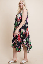 Navy Green Plus Size Floral Bulgari Printed Tank Midi Dress With Asymmetrical Hem