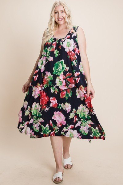 Navy Green Plus Size Floral Bulgari Printed Tank Midi Dress With Asymmetrical Hem