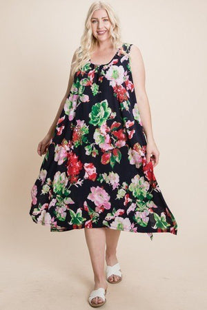 Navy Green Plus Size Floral Bulgari Printed Tank Midi Dress With Asymmetrical Hem