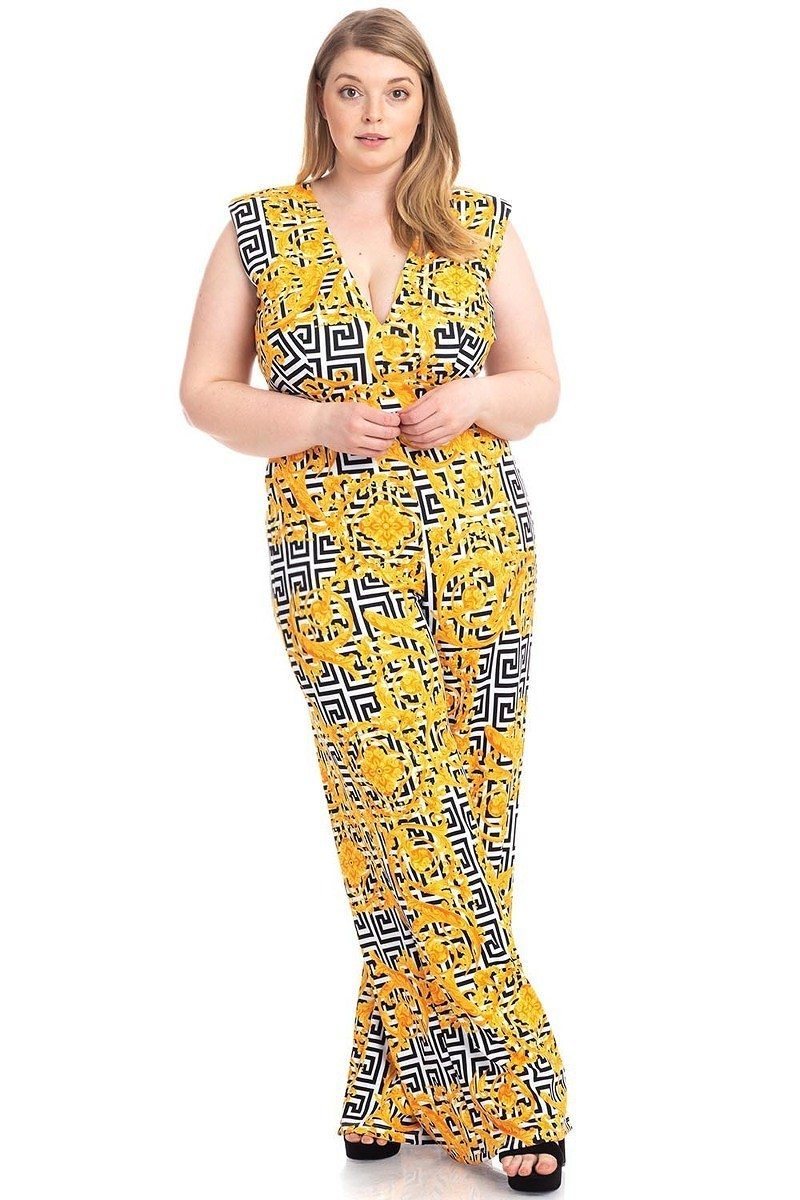 Black & Yellow Greek Key Print Formal Jumpsuit