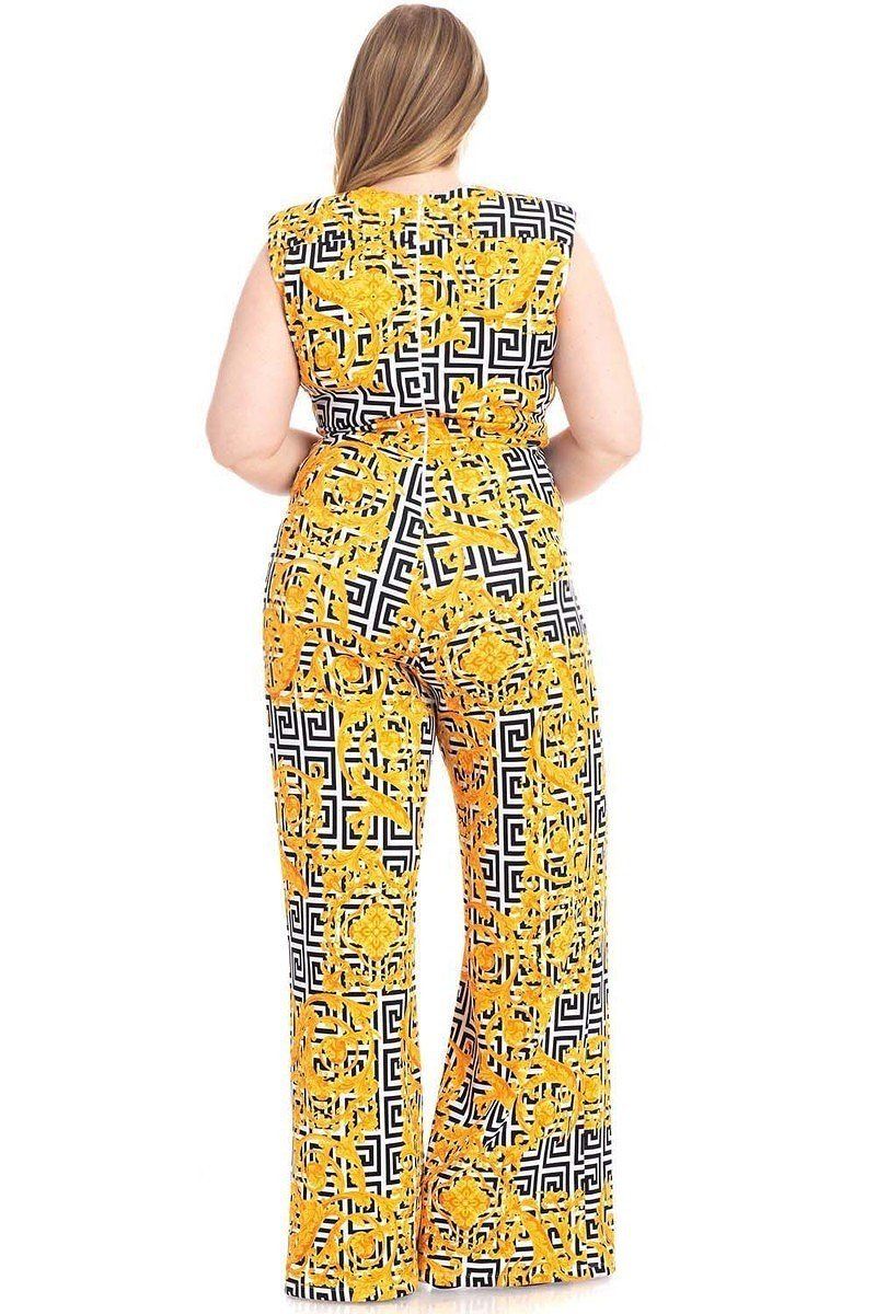 Black & Yellow Greek Key Print Formal Jumpsuit