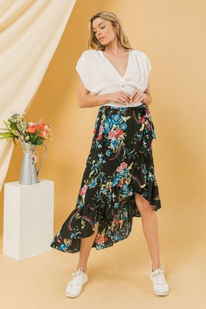 Black Floral with High Low Ruffle Trim Skirt