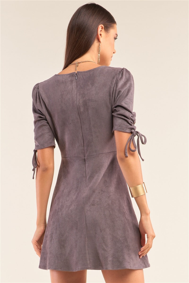 Grey Suede Deep V-Neck Tight Fit Mini Dress
