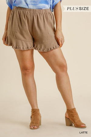 Brown Linen Blend Elastic Waist Ruffle Hem Shorts With Pockets