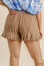 Brown Linen Blend Elastic Waist Ruffle Hem Shorts With Pockets