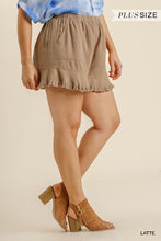 Brown Linen Blend Elastic Waist Ruffle Hem Shorts With Pockets