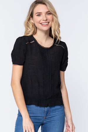 Black Short Shirring Sleeve Pleated Woven Top