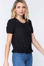 Black Short Shirring Sleeve Pleated Woven Top