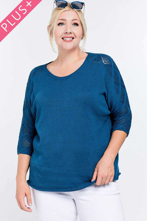Blue Solid Round Neck 3/4 Sleeve Sweater Top