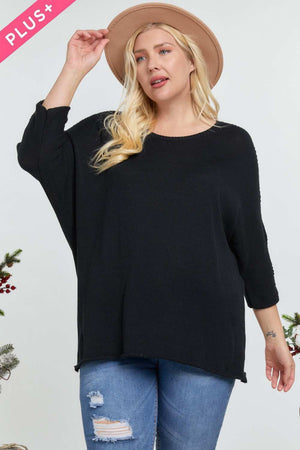 Black Solid Round Neck 3/4 Sleeve Sweater Top