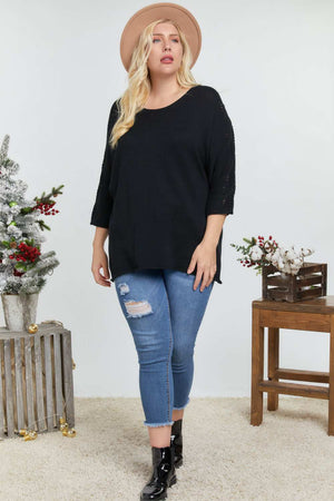 Black Solid Round Neck 3/4 Sleeve Sweater Top