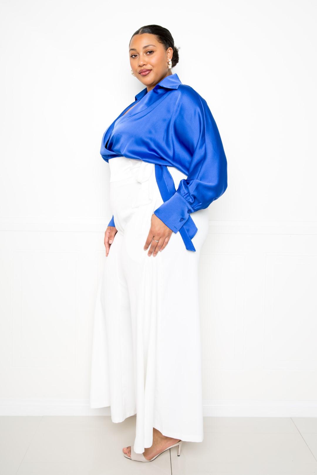 Royal Satin Long Sleeve Tie Waist Wrap Women's Top