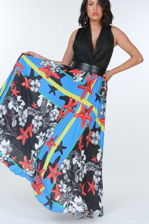 Blue Pleated Print Maxi Skirt With Leather Waist Band
