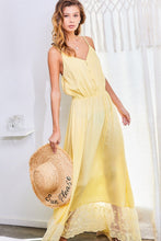 Yellow Adjustable Shoulder Strap Button Down Waist Elastic Bottom & Contrast Lace Maxi Dress
