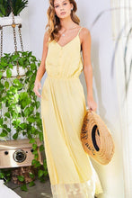 Yellow Adjustable Shoulder Strap Button Down Waist Elastic Bottom & Contrast Lace Maxi Dress