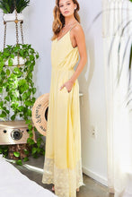 Yellow Adjustable Shoulder Strap Button Down Waist Elastic Bottom & Contrast Lace Maxi Dress