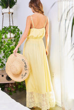 Yellow Adjustable Shoulder Strap Button Down Waist Elastic Bottom & Contrast Lace Maxi Dress