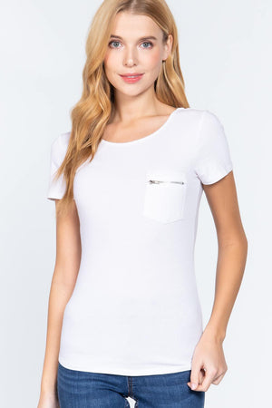 White Short Sleeve Top with Zipper Pocket