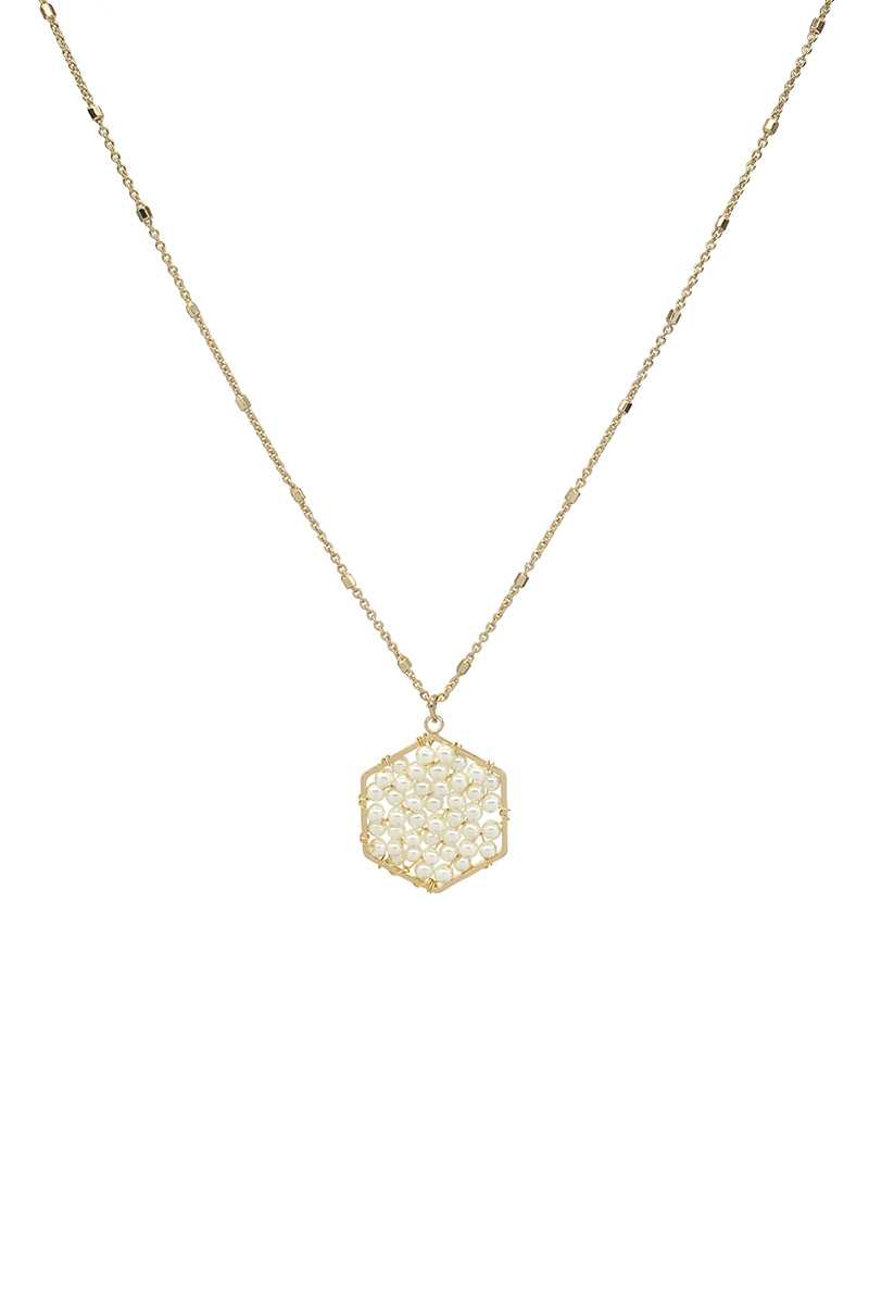 Gold Tone Fashion Pearl Wraps Hexagon Pendant Necklace