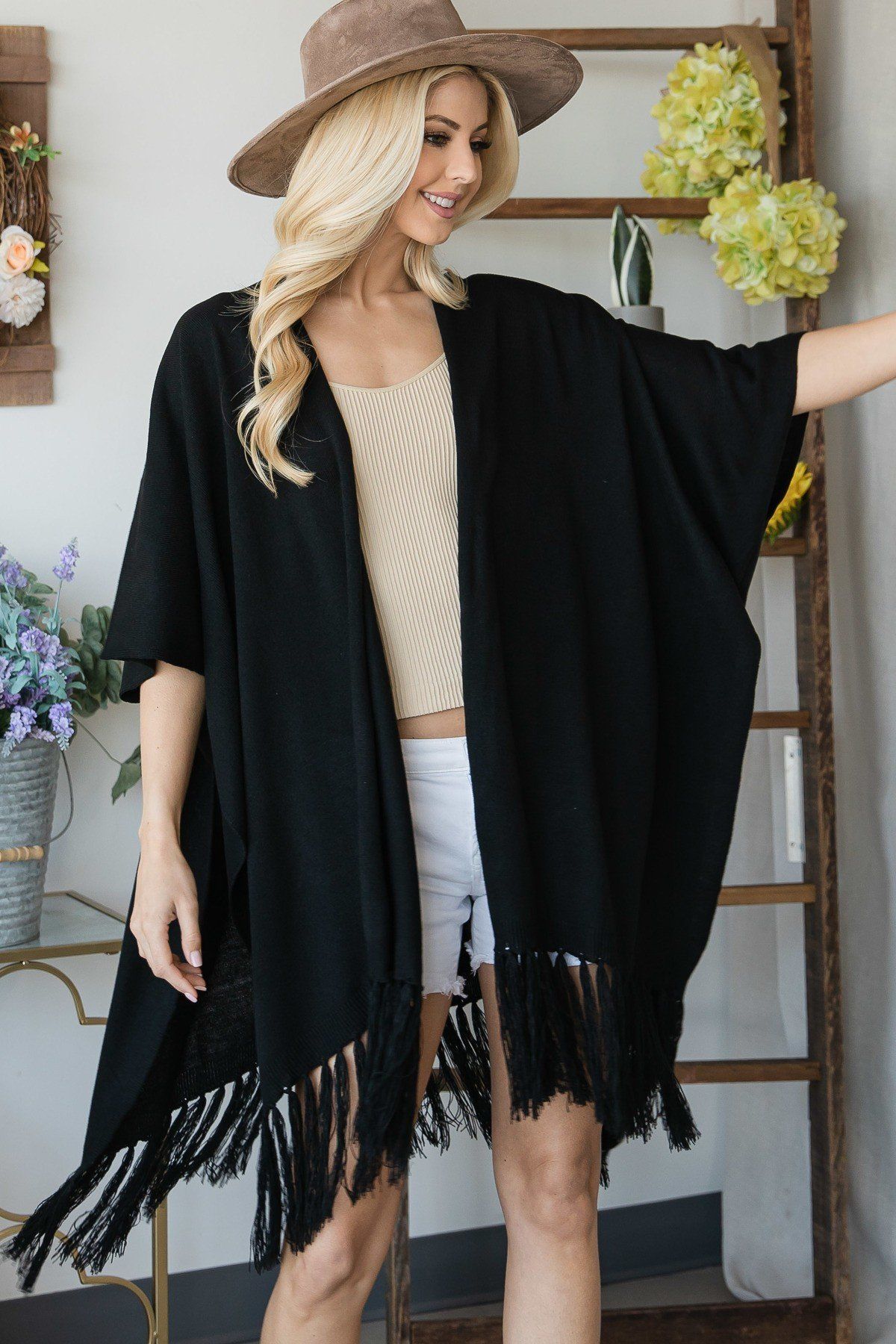 Black Draped Poncho with String Detail Cardigan
