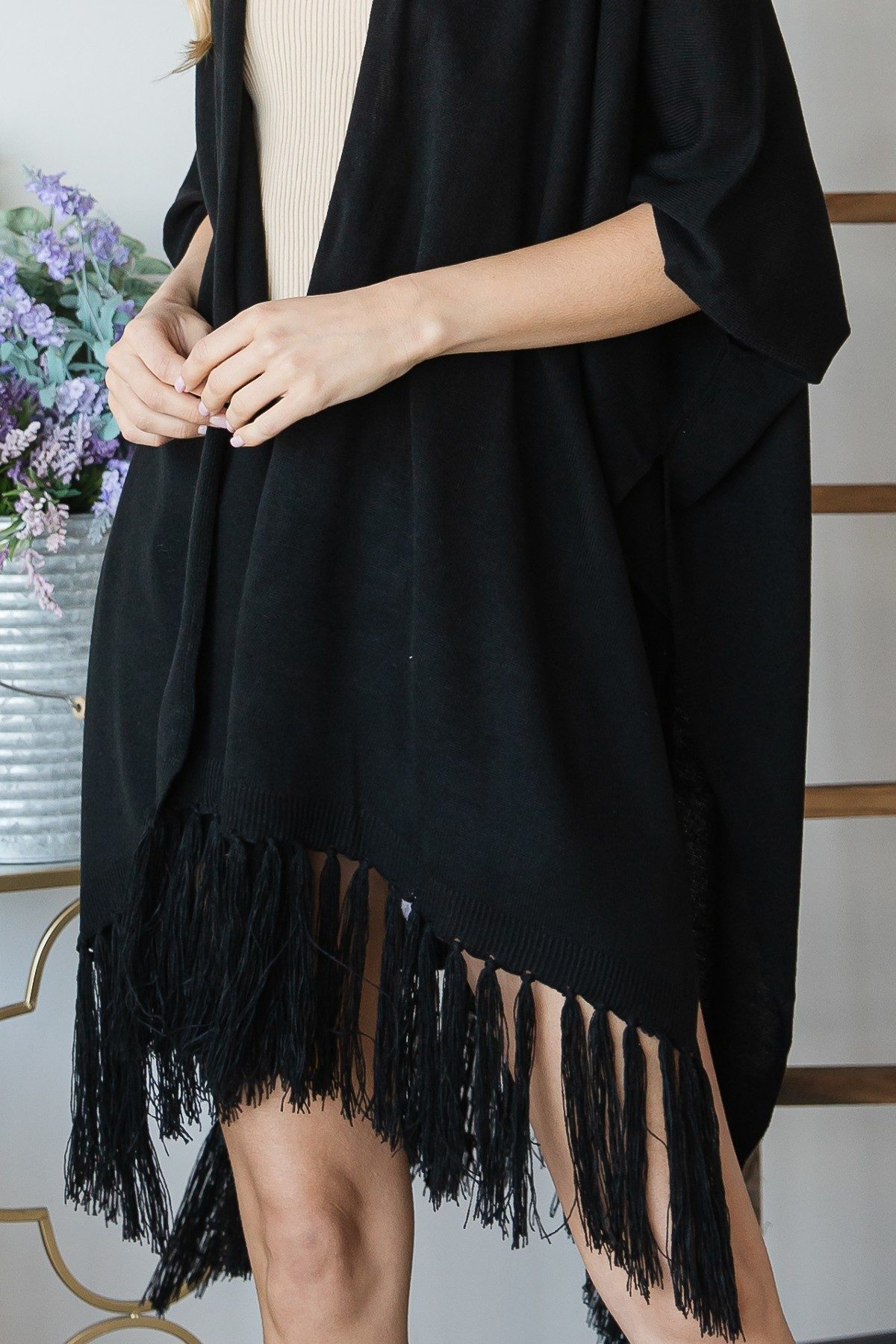Black Draped Poncho with String Detail Cardigan