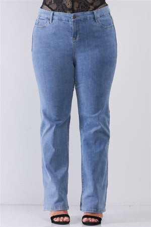 Blue Denim Mid-wash Plus Size Low-rise Wide-leg Upsized Basic Dad Jeans