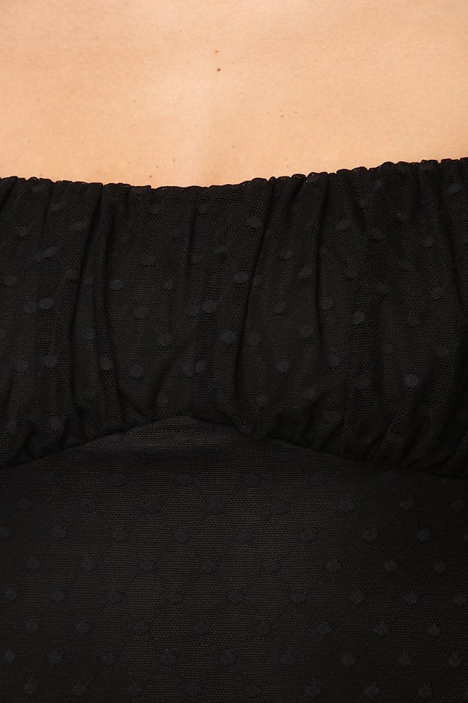 Black Women's Luxe Polkadot Stretch Mesh Puff Sleeve Bodysuit